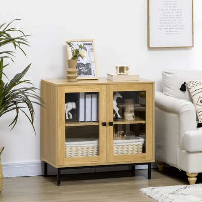 HOMCOM Small Storage Cabinet, Living Room Sideboard Cabinet With Double Glass Doors And Metal Legs For Dining Room Storage, Oak 1 HOMCOM Small Storage Cabinet, Living Room Sideboard Cabinet With Double Glass Doors And Metal Legs For Dining Room Storage, Oak