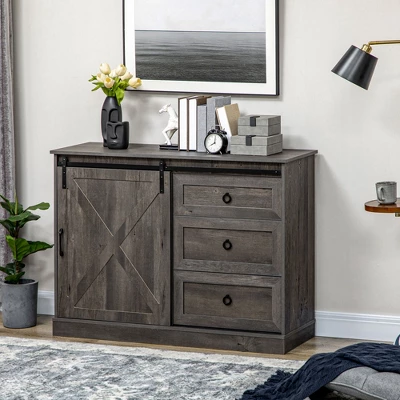 HOMCOM Farmhouse Coffee Bar Cabinet, Kitchen Sideboard, Buffet Cabinet With Sliding Barn Door And 3 Storage Drawers For Living Room, Dark Gray 1 HOMCOM Farmhouse Coffee Bar Cabinet, Kitchen Sideboard, Buffet Cabinet With Sliding Barn Door And 3 Storage Drawers For Living Room, Dark Gray