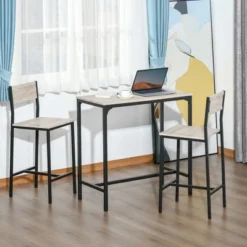 HOMCOM 3 Piece Industrial Dining Table Set, Counter Height Bar Table & Chairs Set For Small Space, Dining Room