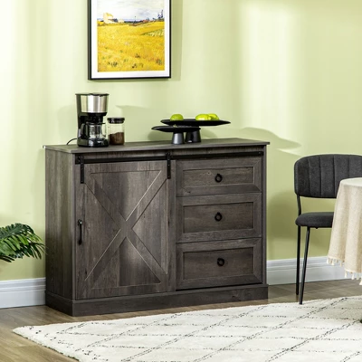 HOMCOM Farmhouse Coffee Bar Cabinet, Kitchen Sideboard, Buffet Cabinet With Sliding Barn Door And 3 Storage Drawers For Living Room, Dark Gray 2 HOMCOM Farmhouse Coffee Bar Cabinet, Kitchen Sideboard, Buffet Cabinet With Sliding Barn Door And 3 Storage Drawers For Living Room, Dark Gray - Image 2