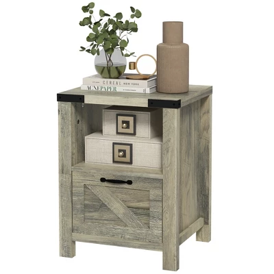 HOMCOM Farmhouse Side Table With 1 Drawer, 1 Open Shelf And Tabletop For Living Room, Gray Oak 3 HOMCOM Farmhouse Side Table With 1 Drawer, 1 Open Shelf And Tabletop For Living Room, Gray Oak - Image 3