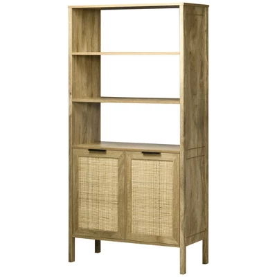 HOMCOM Bookshelf, Storage Cabinet With 3 Open Shelves And Natural Rattan Decor, Bookcase For Living Room, Study, Bedroom 3 HOMCOM Bookshelf, Storage Cabinet With 3 Open Shelves And Natural Rattan Decor, Bookcase For Living Room, Study, Bedroom - Image 3