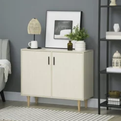 HOMCOM Modern Kitchen Storage Cabinet, Accent Sideboard With Adjustable Shelves And Wood Legs For Dining Living Room, Natural