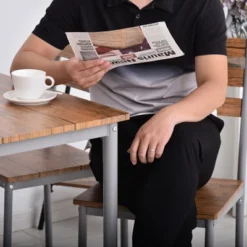 HOMCOM Modern 5-Piece Wooden Counter Dining Kitchen Table Set, 1 Table 4 Chairs Metal Legs, Suitable For Outdoors, Brown -Homcom GUEST 74848eb8 bfd0 423a 92b5 217ea7d79ee1