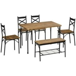 HOMCOM Industrial Dining Table Set For 6 People, 6 Piece Kitchen Table And Chairs Set, Dinner Table With Bench, Steel Frame And Storage Shelf 7 HOMCOM Industrial Dining Table Set For 6 People, 6 Piece Kitchen Table And Chairs Set, Dinner Table With Bench, Steel Frame And Storage Shelf -Homcom GUEST 752a60be d3c6 4380 9686 ef4e6c97f7bd