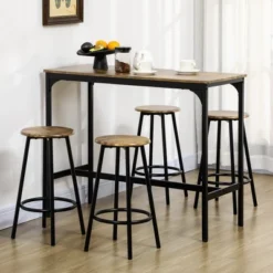 HOMCOM 5-Piece Counter Height Bar Table And Chairs Set, Rustic Bar Table With Stools, Kitchen Table 4 Chair Bar Table With Wooden Top