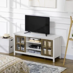 HOMCOM TV Cabinet, Farmhouse TV Stand For 55 Inch TV, Entertainment Center With Adjustable Shelves And Doors For Living Room, White