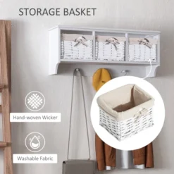 HomCom 32" Rustic Floating Shelf With Coat Hooks And Baskets - Antique White -Homcom GUEST 7d8bb63f b719 4e10 997f afbd6ec1736e