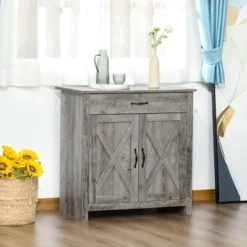 HOMCOM 32" Farmhouse Barn Door Style Sideboard, Buffet Cabinet, Coffee Bar For Kitchen, Living Room Or Entryway, Gray Wash