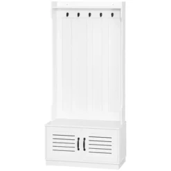HOMCOM Modern Hall Tree, Entryway Coat Rack With Shoe Bench, 5 Hooks, Storage Shelf And Slatted Door Cabinet For Hallway, White 7 HOMCOM Modern Hall Tree, Entryway Coat Rack With Shoe Bench, 5 Hooks, Storage Shelf And Slatted Door Cabinet For Hallway, White -Homcom GUEST 857cb9c6 e3d2 4107 a026 31cb40596ba2