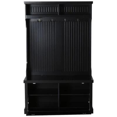 HOMCOM Hall Tree For Entryway, Coat Rack Shoe Bench With Bottom Storage, 4 Metal Double Hooks And 2 Shelves For Hallway, Living Room, Black 3 HOMCOM Hall Tree For Entryway, Coat Rack Shoe Bench With Bottom Storage, 4 Metal Double Hooks And 2 Shelves For Hallway, Living Room, Black - Image 3