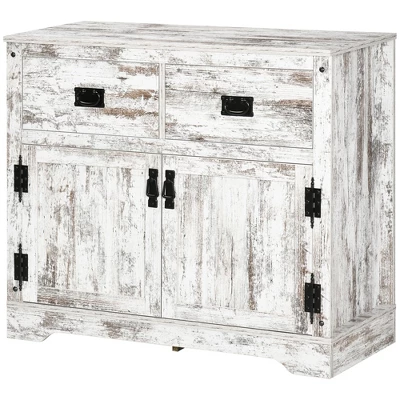 HOMCOM Rustic Storage Cabinet Sideboard With 2 Drawers And 2 Cupboard, Distressed White 3 HOMCOM Rustic Storage Cabinet Sideboard With 2 Drawers And 2 Cupboard, Distressed White - Image 3