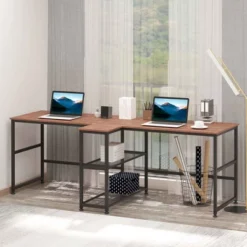 HOMCOM 83" Two Person Computer Desk With 2 Storage Shelves, Double Desk Workstation With Book Shelf, Long Desk Table For Home Office, Dark Walnut