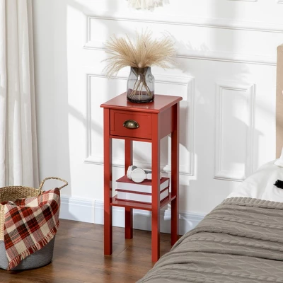 HOMCOM 2-Tier Side Table With Drawer, Narrow End Table With Bottom Shelf, For Living Room Or Bedroom, Set Of 2, Red 1 HOMCOM 2-Tier Side Table With Drawer, Narrow End Table With Bottom Shelf, For Living Room Or Bedroom, Set Of 2, Red