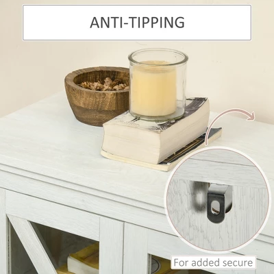 HOMCOM Rustic Kitchen Sideboard, Glass Door Buffet Cabinet, TV Stand With Adjustable Shelf For Dining Room, White 4 HOMCOM Rustic Kitchen Sideboard, Glass Door Buffet Cabinet, TV Stand With Adjustable Shelf For Dining Room, White - Image 4