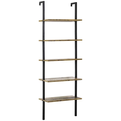 HOMCOM Industrial 5 Tier Ladder Shelf, Wall Mount Storage Shelves Bookcase With Metal Frame, Corner Unit, Plant Flower Rack For Living Room, Balcony, Brown 3 HOMCOM Industrial 5 Tier Ladder Shelf, Wall Mount Storage Shelves Bookcase With Metal Frame, Corner Unit, Plant Flower Rack For Living Room, Balcony, Brown - Image 3