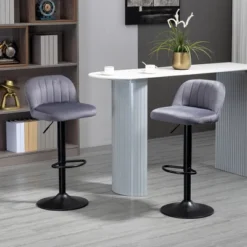 HOMCOM Adjustable Bar Stools Set Of 2, Velvet Counter Height Barstool, Upholstered Kitchen Stool With Swivel Seat, Steel Frame, Footrest, ‎Gray