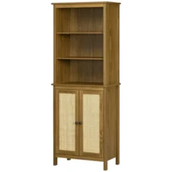 HOMCOM Rustic Bookshelf With Cabinet & Rattan, Tall Bookshelf Library, Wooden Bookcase With Doors And Shelves, Study Living Room Home Office, Walnut -Homcom GUEST 9266f62b 622c 4f39 bdfd 5b4a9d649b06