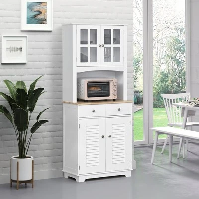 HOMCOM 67" Modern Buffet With Hutch, Louvered Kitchen Pantry Microwave Cabinet With Framed Glass Doors And 2 Drawers, White 2 HOMCOM 67" Modern Buffet With Hutch, Louvered Kitchen Pantry Microwave Cabinet With Framed Glass Doors And 2 Drawers, White - Image 2