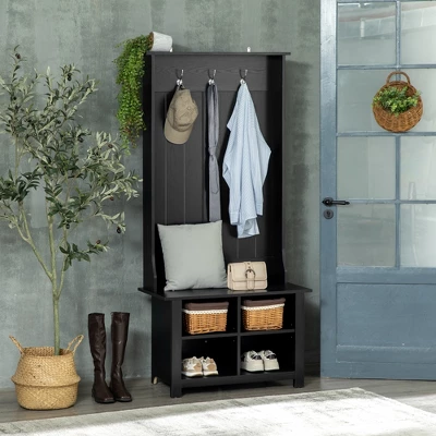 HOMCOM Hall Tree With Shoe Storage Bench, Entryway Bench With Coat Rack, Accent Coat Tree With Adjustable Shelves For Hallway, Mud Room, Black 2 HOMCOM Hall Tree With Shoe Storage Bench, Entryway Bench With Coat Rack, Accent Coat Tree With Adjustable Shelves For Hallway, Mud Room, Black - Image 2