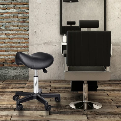 HOMCOM Rolling Saddle Stool, Swivel Salon Chair, Ergonomic Faux Leather Stool, Adjustable Height With Wheels For Spa, Salon, Massage, Office, Black 1 HOMCOM Rolling Saddle Stool, Swivel Salon Chair, Ergonomic Faux Leather Stool, Adjustable Height With Wheels For Spa, Salon, Massage, Office, Black