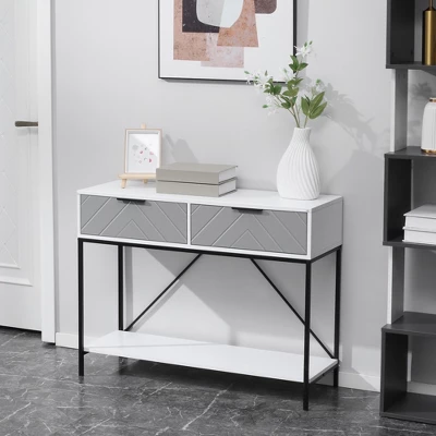 HOMCOM Modern Console Table With 2 Drawers And Open Shelf, Sofa Table For Entryway, Living Room And Hallway, White 1 HOMCOM Modern Console Table With 2 Drawers And Open Shelf, Sofa Table For Entryway, Living Room And Hallway, White