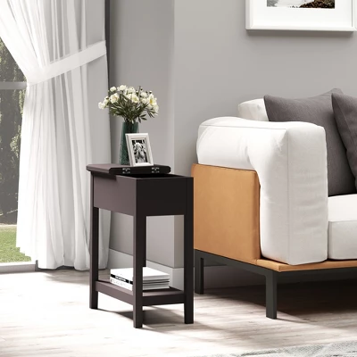 HOMCOM End Side Table, Flip Top Design With Storage Hinge Cabinet, Bottom Shelf, And Sturdy Base For Living Room Bedroom, Dark Coffee 2 HOMCOM End Side Table, Flip Top Design With Storage Hinge Cabinet, Bottom Shelf, And Sturdy Base For Living Room Bedroom, Dark Coffee - Image 2