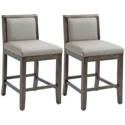HOMCOM 25.5" Counter Height Bar Stools Set Of 2, PU Leather Kitchen Stool, Upholstered Bar Chairs With Back, Wood Legs, Gray 3 HOMCOM 25.5" Counter Height Bar Stools Set Of 2, PU Leather Kitchen Stool, Upholstered Bar Chairs With Back, Wood Legs, Gray - Image 3
