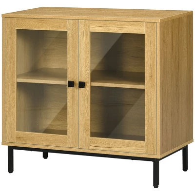 HOMCOM Small Storage Cabinet, Living Room Sideboard Cabinet With Double Glass Doors And Metal Legs For Dining Room Storage, Oak 3 HOMCOM Small Storage Cabinet, Living Room Sideboard Cabinet With Double Glass Doors And Metal Legs For Dining Room Storage, Oak - Image 3
