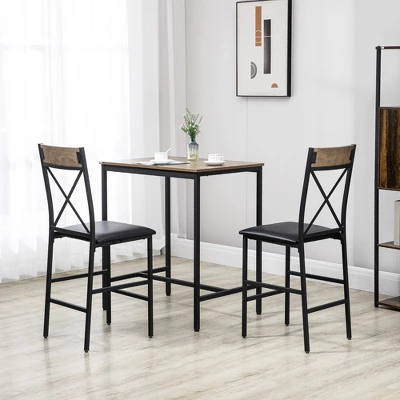 HOMCOM 3 Piece Bar Table And Chair Set, Dining Table And Armless Chairs Set With PU Padded Stools And Steel Frame, Brown 1 HOMCOM 3 Piece Bar Table And Chair Set, Dining Table And Armless Chairs Set With PU Padded Stools And Steel Frame, Brown