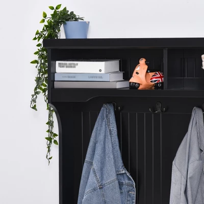 HOMCOM Hall Tree For Entryway, Coat Rack Shoe Bench With Bottom Storage, 4 Metal Double Hooks And 2 Shelves For Hallway, Living Room, Black 5 HOMCOM Hall Tree For Entryway, Coat Rack Shoe Bench With Bottom Storage, 4 Metal Double Hooks And 2 Shelves For Hallway, Living Room, Black - Image 5