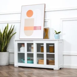 HOMCOM Modern Kitchen Sideboard, Stackable Buffet Cabinet, Sliding Glass Door Cupboard With Adjustable Shelf, White