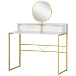 HOMCOM Modern Vanity Makeup Desk With Mirror, Dressing Table With Open Storage, Faux Marble Finish And Steel Frame For Bedroom, White And Gold -Homcom GUEST af3eadda f9b1 42c1 b174 b25d988c8247