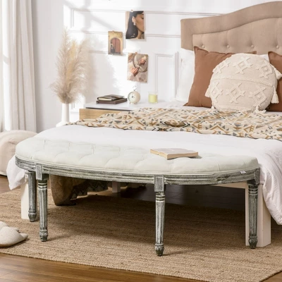 HOMCOM Vintage Semi-Circle Hallway Bench Tufted Upholstered Velvet-Touch Fabric Accent Seat With Rubberwood Legs, Off White 1 HOMCOM Vintage Semi-Circle Hallway Bench Tufted Upholstered Velvet-Touch Fabric Accent Seat With Rubberwood Legs, Off White