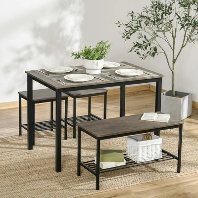HOMCOM Industrial Dining Table Set, Kitchen Table And Chairs For 4, Dinner Table With Bench Set Metal Frame Storage Shelf, Dinette Set, Rustic Brown 2 HOMCOM Industrial Dining Table Set, Kitchen Table And Chairs For 4, Dinner Table With Bench Set Metal Frame Storage Shelf, Dinette Set, Rustic Brown - Image 2