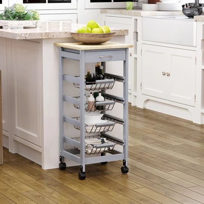HOMCOM 32.25" Wooden Rolling Kitchen Storage Cart, Kitchen Island With Storage Drawer And Baskets On 360° Swivel Wheels 2 HOMCOM 32.25" Wooden Rolling Kitchen Storage Cart, Kitchen Island With Storage Drawer And Baskets On 360° Swivel Wheels - Image 2