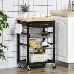 HOMCOM 3-Tier Utility Kitchen Cart With Handle Bar, Steel Basket Rolling Cart, Food Storage Service Trolley With Drawer, Rubber Wood Top, Black