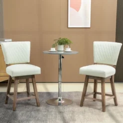 HOMCOM Swivel Bar Stools Set Of 2, Counter Height Barstools With Back, Rubber Wood Legs And Footrests, For Kitchen Dining Room Pub, Cream White
