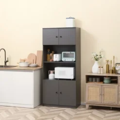 HOMCOM 71" Kitchen Buffet With Hutch, Pantry Storage Cabinet With Shelves, Open Microwave Countertop For Dining Room, Living Room, Gray