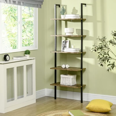 HOMCOM Industrial 5 Tier Ladder Shelf, Wall Mount Storage Shelves Bookcase With Metal Frame, Corner Unit, Plant Flower Rack For Living Room, Balcony, Brown 1 HOMCOM Industrial 5 Tier Ladder Shelf, Wall Mount Storage Shelves Bookcase With Metal Frame, Corner Unit, Plant Flower Rack For Living Room, Balcony, Brown