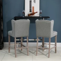 HOMCOM Counter Height Bar Stools Set Of 2, Upholstered 26.75" Seat Height Barstools, Breakfast Chairs With Nailhead-Trim & Tufted Back, Wood Legs -Homcom GUEST c25daba0 de74 4e91 ac82 654eb31b4196