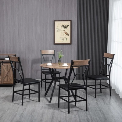 HOMCOM Industrial Dining Table Set Space-Saving Kitchen Table And Chairs Set With Round Table Padded Seat And Steel Frame Brown 5 Piece 1 HOMCOM Industrial Dining Table Set Space-Saving Kitchen Table And Chairs Set With Round Table Padded Seat And Steel Frame Brown 5 Piece