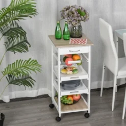 HOMCOM 32.25" Wooden Rolling Kitchen Storage Cart On 360° Swivel Wheels With Ample Storage Space & Solid Structure -Homcom GUEST cfcc41b5 021b 45c5 9326 96171e59035e