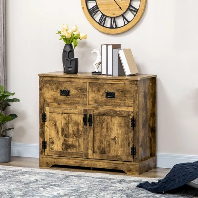 HOMCOM Rustic Storage Cabinet Sideboard With 2 Drawers And 2 Cupboard, Distressed Brown 2 HOMCOM Rustic Storage Cabinet Sideboard With 2 Drawers And 2 Cupboard, Distressed Brown - Image 2