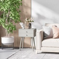 HOMCOM Modern Bedside Table With 2 Pull Out Drawers, Side End Table With Display Tabletop And Solid Acacia Legs, Gray