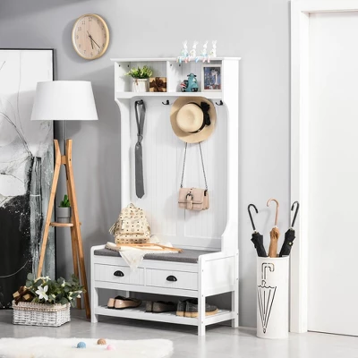 HOMCOM Coat Rack And Bench Hall Tree Organizer With 4 Hooks, 2 Drawers With Padded Seat Cushions For Entryway, White 1 HOMCOM Coat Rack And Bench Hall Tree Organizer With 4 Hooks, 2 Drawers With Padded Seat Cushions For Entryway, White