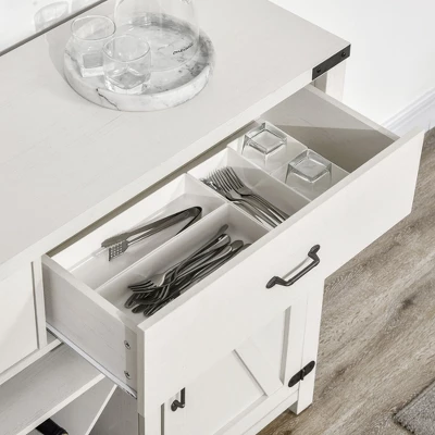 HOMCOM Wooden Farmhouse Sideboard, Storage Buffet Cabinet With 2 Large Drawers, X-Shaped Wine Rack, And Cabinets, Distressed White 5 HOMCOM Wooden Farmhouse Sideboard, Storage Buffet Cabinet With 2 Large Drawers, X-Shaped Wine Rack, And Cabinets, Distressed White - Image 5