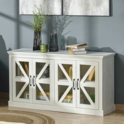 HOMCOM Rustic Kitchen Sideboard, Glass Door Buffet Cabinet, TV Stand With Adjustable Shelf For Dining Room, White