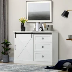 HOMCOM Farmhouse Coffee Bar Cabinet, Kitchen Sideboard, Buffet Cabinet With Sliding Barn Door And 3 Storage Drawers For Living Room, White