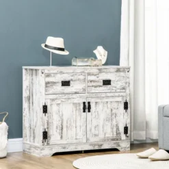 HOMCOM Rustic Storage Cabinet Sideboard With 2 Drawers And 2 Cupboard, Distressed White